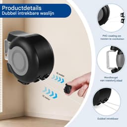 Waslijn Extensible Zwart - Uittrekbare Drooglijn 2x15 Meter - Met Rollensysteem & Automatische Spanning - Voor Binnen en Buiten - Geschikt voor Appartementen en Huizen — thumbnail 2