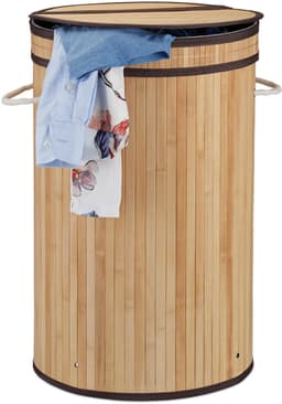 2x wasmand bamboe - ronde wasbox met deksel - 63 x 40 cm - 65 liter - natuur — thumbnail 1