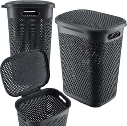 KADAX Plastic wasbak, lichte wasmand, wasverzamelaar van kunststof, luchtdoorlatende wasbox, met deksel (grijs) — thumbnail 1