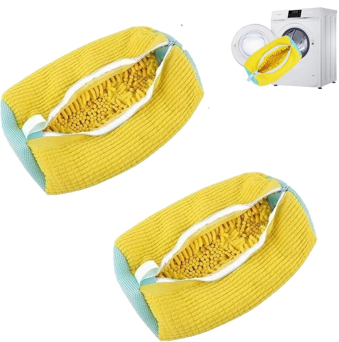 2 stuks - Schoenwaszak - Waszak - Met ritssluiting - 360° rondom reiniging – Geschikt voor sportschoenen, kleding - Machinewasbare waszak voor schoenen - 39*19 cm - Geel — afbeelding 1