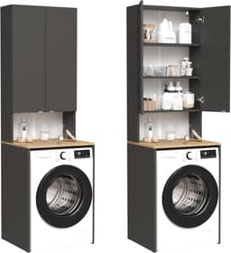 Wasmachinekast en hoge kast voor badkamer, superstructuur voor wasmachine en droogtrommel, 210 x 65 x 50/56 cm, wit — thumbnail 1