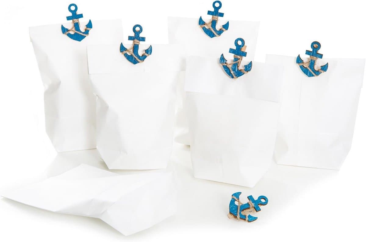 Set van 6 Witte Papieren Zakken met Maritieme Anker Clips — afbeelding 1