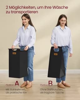 Wasmand 150L met 3 Vakken en Wielen – Metalen Frame met Houten Bovenblad & 2 Zijplanken – Uitneembare Waszakken – Laundry Sorter — thumbnail 4