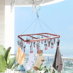 Sock Dryer Aluminum 32 Pegs Sock Hanger for Clothesline Clothes Drying Rack with Windproof Hook - Pink — thumbnail 4