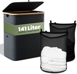 Nince Wasmand - 2 Vakken - 141L - Met Deksel - Wassorteerder - Uitneembare Waszakken - Bamboe - Opvouwbaar - Zwart — thumbnail 1