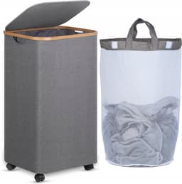 Wasmand met Wielen - Bamboe-frame - 100 Liter - Verwijderbare Binnenzak - Voor Huishoudelijk Gebruik — thumbnail 1