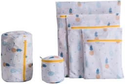 5 stuks - Waszakken - Met rits - Waszakken voor de wasmachine - Klein, middelgroot, groot, cilindrisch, bh-zakken - Ananaspatroon - Waszakken van mesh - Geschikt voor de wasmachine - Kledingorganizers voor op reis - Wit — thumbnail 1