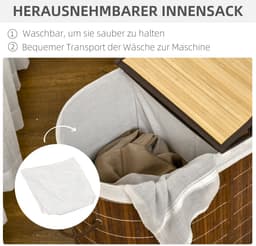 Merax Bamboe Wasmand 100L – Met Deksel en Handgrepen – 2 Vakken en Uitneembare Waszak – Wäschesortierer – 62,5 x 37 x 60,5 cm – Bruin — thumbnail 3