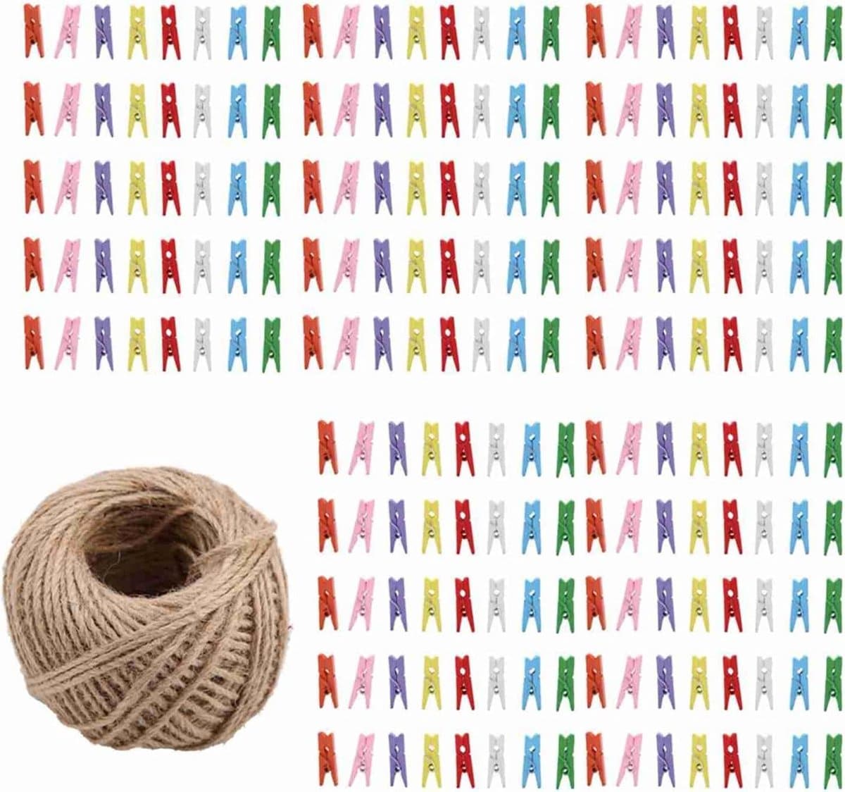 Allecto Plus - Mini Wasknijpers 200 Stuks voor Foto's en Knutselwerk - Inclusief 1 Rol 50 Meter Jute Touw - Houten Mini Knijpers Clips - Creatief DIY Materiaal — afbeelding 1