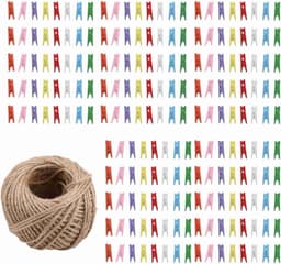 Allecto Plus - Mini Wasknijpers 200 Stuks voor Foto's en Knutselwerk - Inclusief 1 Rol 50 Meter Jute Touw - Houten Mini Knijpers Clips - Creatief DIY Materiaal — thumbnail 1
