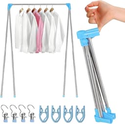 - Inklapbaar Wasrek van Roestvrij Staal | Verstelbaar van 34 tot 70 cm | Met 4 Klapbeugels, 4 Wasknijpers en Draagtas | Draagbaar Wasrek voor Camping, Balkon en Hotel | Blauw | Opvouwbaar en Draagbaar — thumbnail 1