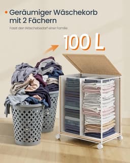 Furnstar HOME Wasmand met 2 vakken - Wasverzamelaar 100 l - Wassorteerder op wieltjes met deksel - Waszak met handgrepen - Rotan-look - Voor bijkeuken en badkamer - Beige/Wit — thumbnail 5