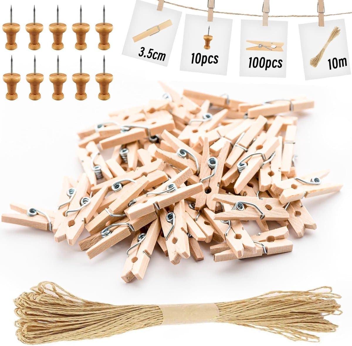 100 Houten Wasnijpers Mini Clips voor Foto's en Decoratie met Ophangmateriaal — afbeelding 1