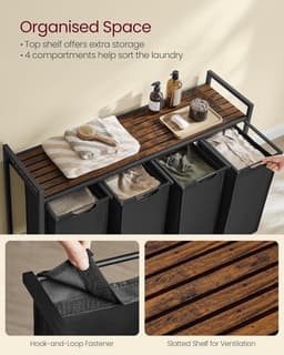 Amolass - Wasmand - Wassorteerder - 4 vakken - Wasmandmeubel - Met Bovenplank - 4x40L - 116 x 33 x 72 cm - Zwart - Modern — thumbnail 3