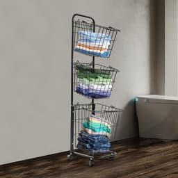 Wasmand op wieltjes - Wasopslag mand - Vuile was sorteren - Drie aparte vakken - 123 cm hoog - zwart — thumbnail 5