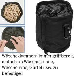 Wasknijperzak - Knijperhouder Tas - Wassen Ophangen - Met Karabijnhaak - Zwart — thumbnail 2