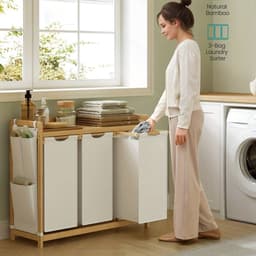 3-Vakken Wasmand met Plank en Zijvakken – Tot 150L – 3×50L Waszakken – 94×33×78 cm – Was Sorteerder — thumbnail 1