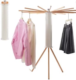 Opvouwbaar Droogrek Carrousel – Luxe Wasrek met 16 Houten Armen – Staand Droogmolen Voor Binnen – Ruimtebesparend – Zonder Montage – Wit/Hout — thumbnail 1