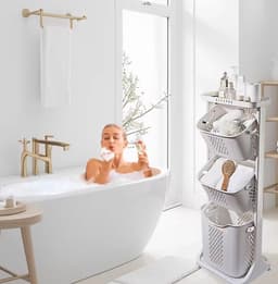 Verrijdbare Wasmand Organizer - 3-Laags Wasbakkenrek met Wieltjes - Badkamer Opbergrek - Wit - 109 cm hoog — thumbnail 4