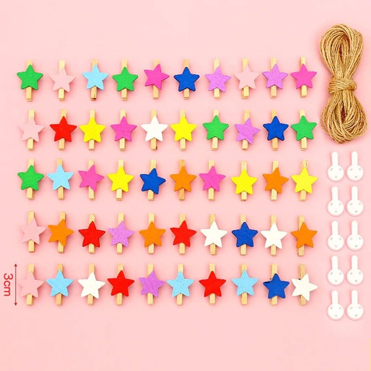 100x Houten Mini Knijpers met Touw en Nagels - Decoratieve Klemmetjes voor Foto's en DIY — afbeelding 1