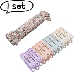 1 set - Draagbare waslijn - met 12 klemmen + touwset - Gekleurde plastic kleding- en sokkenklemmen - Windbestendige en wegwaaibestendige klemmen voor buiten - Diverse kleuren — thumbnail 1