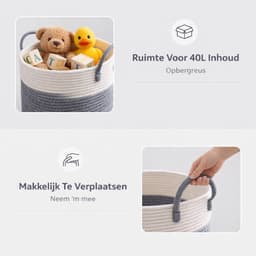 Wasmand van gevlochten katoenen touw met handgrepen, grote opbergmand voor speelgoed in de kinderkamer, dekens in de woonkamer, D 35 x H 50 cm, wit en grijs — thumbnail 3