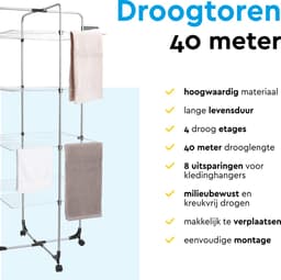 BRASQ Droogtoren 4 Lagen - Drooglengte 40 Meter - Droogrek met Wieltjes en houders - Wasrek - Wastoren 68x68x170 cm - Wit — thumbnail 3