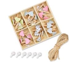 Wasknijpers van hout, hart, 30 stuks, decoratieve knijpers van berk, voor mini-wasknijpers, houten decoratie, fotoweergave, feest, bruiloft en woondecoratie