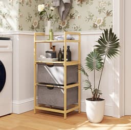 MEUNIQ wasmand 35,4 L met 2 vakken, 2 uitneembare stoffen waszakken, 2 open opbergplanken, bamboe wassorteerder voor badkamer, 44 x 34 x 96 cm, naturel — thumbnail 1