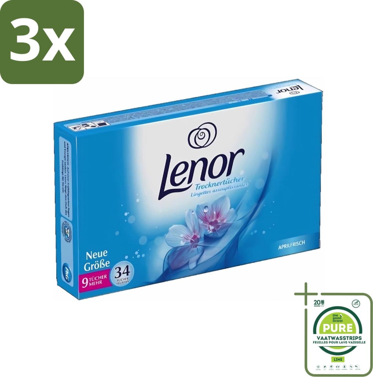 3 x Lenor - Droogtrommeldoekjes - Aprilfris - Textielverfrisser - 34 Doekjes - Grootverpakking - Droogtrommeldoekjes - Frisheid - Wasdoekjes - Statische Elektriciteit - Textielverfrisser — afbeelding 1