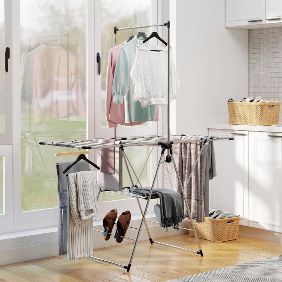 Desmiu Staand Droogrek Inklapbaar Verstelbare Vleugels 156,5 x 68 x 192 cm RVS Zilver Met Schoenhouders Voor Geordend Wassen — afbeelding 1