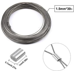 SnelShoppen - 30 m x 1.5 mm Stalen Kabel, Multifunctionele RVS Kabel, Foto Lijndraad met 20 Aluminium Krimpkousen voor Gordijn, Waslijn, Handrail — thumbnail 5