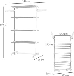 MIVRAY Droogtoren – Inklapbaar Met Wielen En Remfunctie – 142 x 55 x 172 cm – Staal En Kunststof – Wit – Met 4 Lagen En Zijvleugels — thumbnail 2