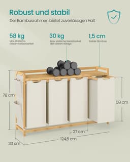 ITRONIQ Wasmand 4 Vakken 200 Liter - Wasmand Met Uittrekbare Waszakken - Bamboe Wasmand Met Plank - Was Sorteerder - Beige — thumbnail 2