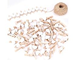 100 Houten Hartvormige Fotoklemmetjes met 30m Touw voor Kaarten, Decoratie en Knutselen