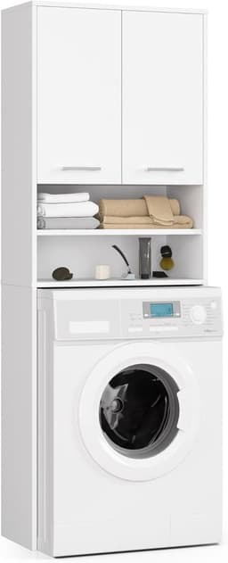 Wasmachinekast - Ombouwkast Droger - Opbergen Badkamer - Met 2 Deuren - 64 x 180 x 30 cm - Wit — thumbnail 1