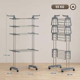 Opvouwbaar droogrek 5-laags - Met wielen voor eenvoudig verplaatsen - Roestvrijstalen frame - 5 grote droogniveaus - Inklapbaar voor ruimtebesparing - Voor thuis en wasserij — thumbnail 5