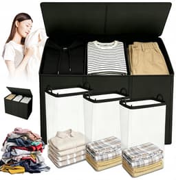 Wasmand - Wassorteerder - Wasgoedorganizer - Opvouwbare 3-Vaks Wasmand 195L - Uitneembare Binnenzakken & Deksel - 83 × 74 × 32 cm - Compact Opvouwbaar - Voor Slaapkamer, Badkamer & Studentenkamer — thumbnail 1