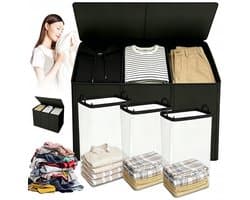 Wasmand - Wassorteerder - Wasgoedorganizer - Opvouwbare 3-Vaks Wasmand 195L - Uitneembare Binnenzakken & Deksel - 83 × 74 × 32 cm - Compact Opvouwbaar - Voor Slaapkamer, Badkamer & Studentenkamer