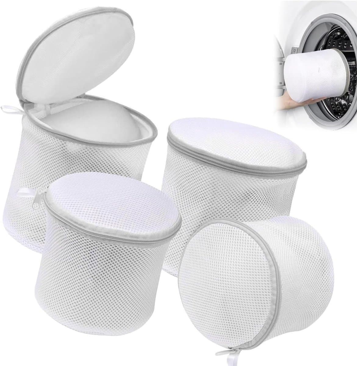 Cilindrische mesh waszakken 4-pack, stevige waszakken met ritssluiting voor beha's, ondergoed en delicate kleding, ideaal voor veilig wassen in de wasmachine — afbeelding 1