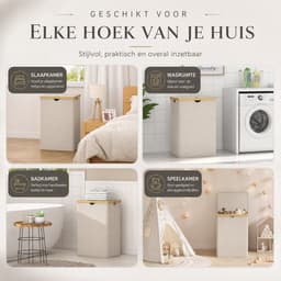 Wasmand met Deksel 160 Liter – Dubbele Wasmand met 2 Vakken – Uitneembare Waszakken – Opvouwbare Wassorteerder met Bamboe Handgrepen – Beige — thumbnail 2