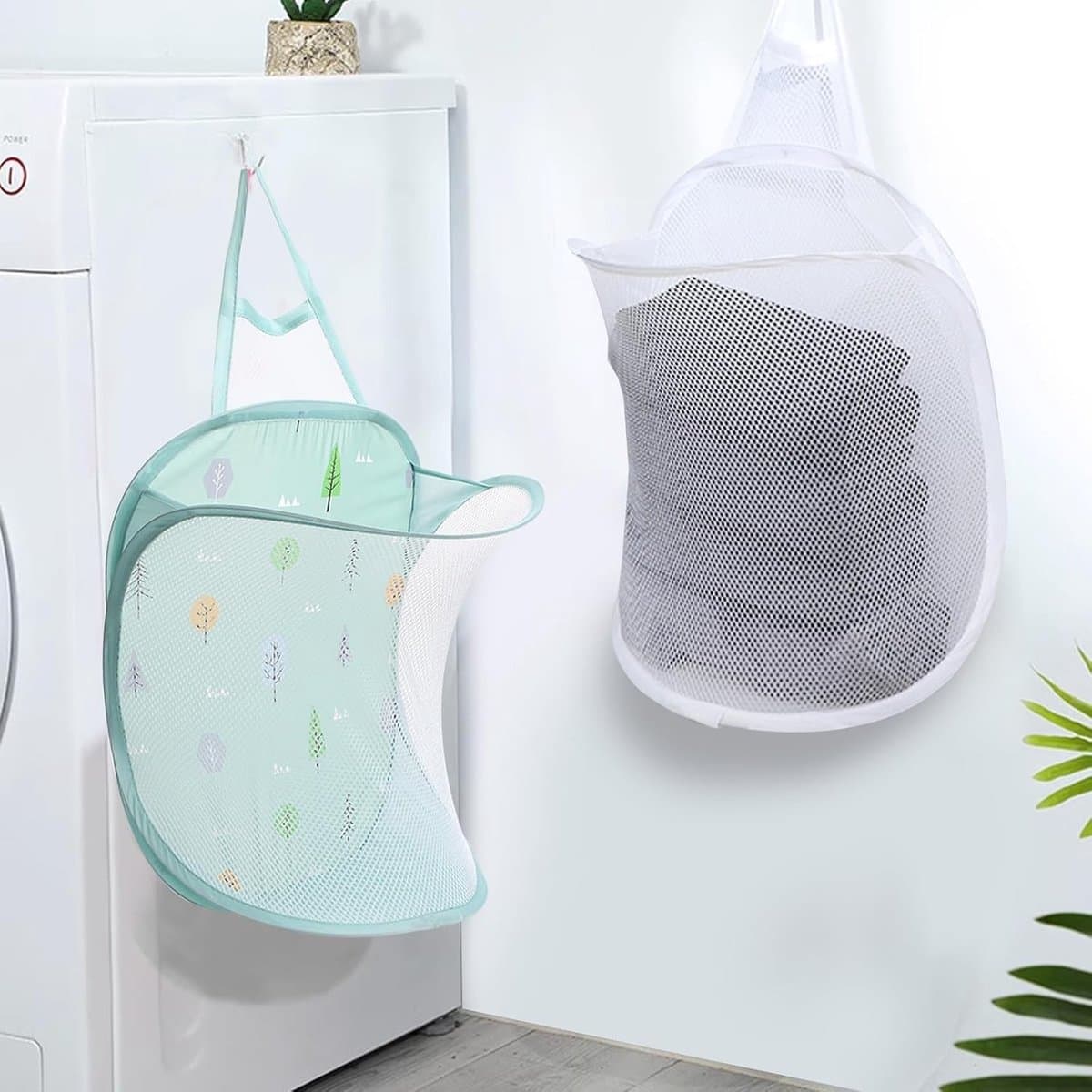 Kinderkamer Wasmand Set van 2, Opvouwbare en Hangende Wasmanden voor Speelgoedopslag, Groen en Wit — afbeelding 1