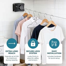 Dailygoods - Intrekbare waslijn, 5,1 m, niet-doorhangende wandgemonteerde waslijn, roestvrij staal, binnenwaslijn voor binnen en buiten, balkon, bijkeuken — thumbnail 2