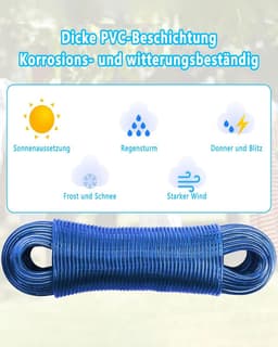 SnelShoppen - Kledinglijn 50 meter met staal kern voor buiten: extra sterke waslijn roestvrij en waterdicht met een draagvermogen van 150 kg voor tuin — thumbnail 2