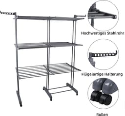 PIPIPOXER- Wasrek Inklapbaar-Droogrek-Staand Droogrek -Uitschuifbare Droogtoren – 3 Verdiepingen – 132 meter Drooglengte- Ruimtebesparend Wasrek -132x49x170 CM- Droogrek op Wielen - grijs — thumbnail 4