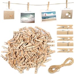 150 stuks mini-houten knijpers 3,5 cm met 10 m jute koord voor het ophangen van foto's, kaarten en creatief knutselen — thumbnail 1