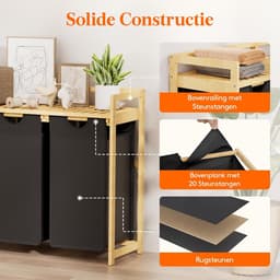 Wasmand met bamboeframe, 150 liter, wasverzamelaar, 3 vakken, afneembare wasbox, bamboe, wassorteerder voor kleding, handdoeken, speelgoed, 96. 2 x 33,4 x 72 cm, zwart — thumbnail 4