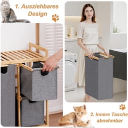 iEGrow Wasmand 3 compartimenten met plank, bamboe wasmand op wielen, 3 x 50 l uittrekbare waszakken, grijze wassorteerder organizer 3 secties wasmand voor slaapkamer badkamer, wasruimte — thumbnail 5