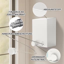 Waslijn Uittrekbaar 4,2 m - Wandmontage - Roestvrijstalen Staaldraad - Duurzaam - Waterdicht - Eenvoudige Installatie - Wasdroger — thumbnail 4