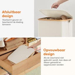 Wasmand van 100 liter met deksel, wasmand met bamboe handgrepen en een afneembare waszak, grote opvouwbare wasmand voor slaapkamer, badkamer, slaapzaal, wasruimte, wit — thumbnail 2